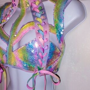 Club Exx Rude Awakening Rainbow Lace Sequin Harness Top